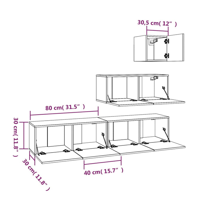 Set dulapuri TV, 4 piese, stejar maro, lemn prelucrat