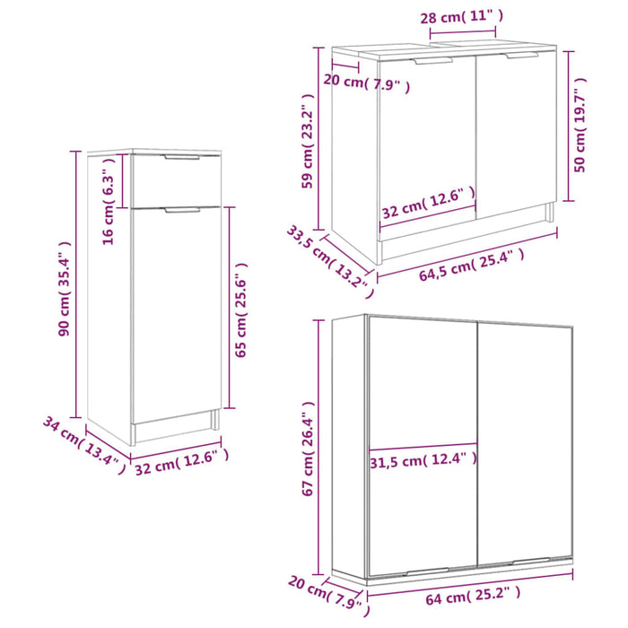 Set dulapuri de baie, 3 piese, gri beton, lemn prelucrat