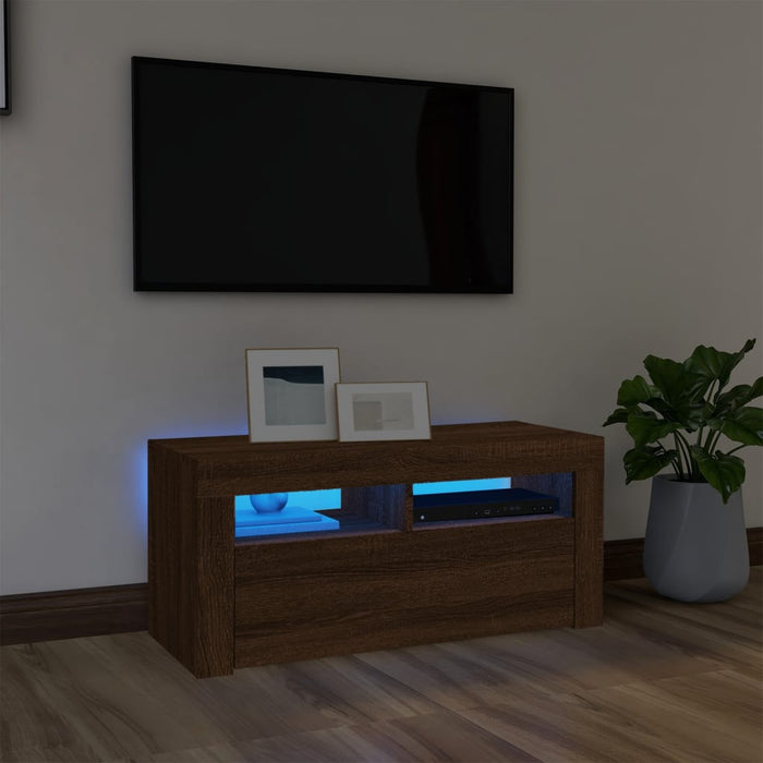 Comodă TV cu lumini LED, stejar maro, 90x35x40 cm