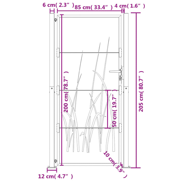 Poartă pentru grădină, 105x205 cm, oțel corten, model iarbă