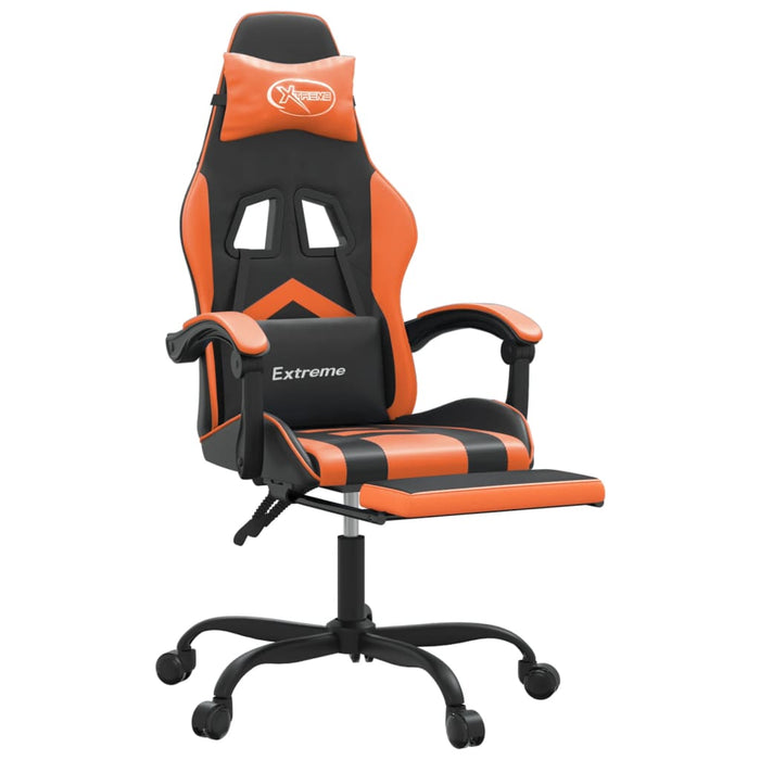 Scaun de gaming cu suport picioare, negru/oranj, piele eco