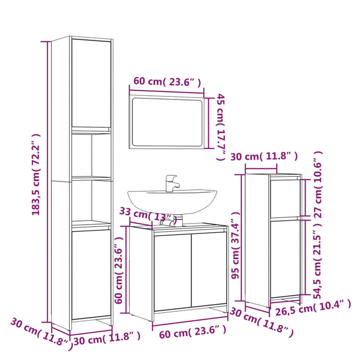 Set mobilier de baie, 4 piese, stejar fumuriu, lemn prelucrat