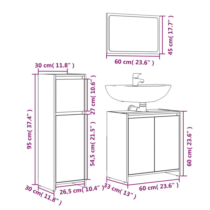 Set mobilier de baie, 3 piese, stejar fumuriu, lemn prelucrat