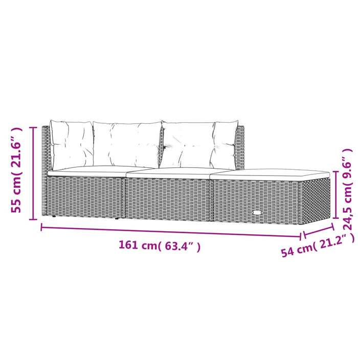 Set mobilier de grădină cu perne, 3 piese, negru, poliratan