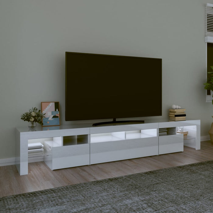 Comodă TV cu lumini LED, alb extralucios, 230x36,5x40cm