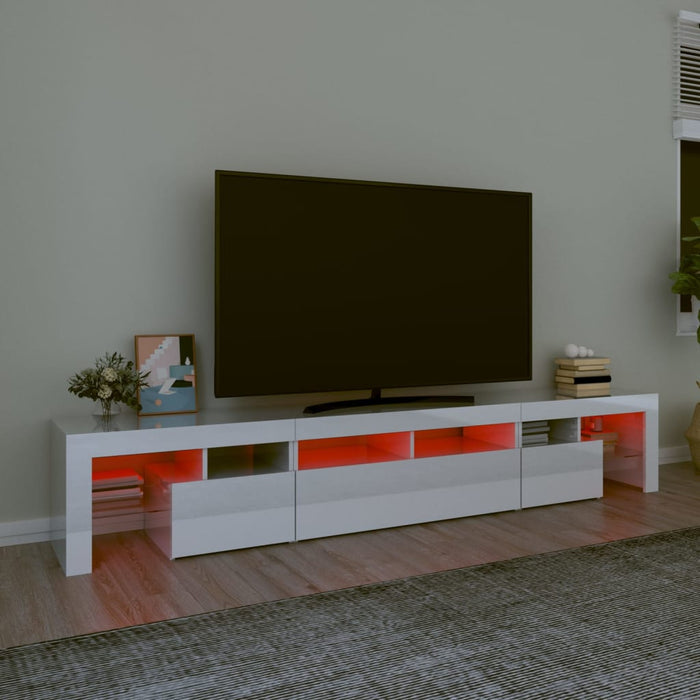 Comodă TV cu lumini LED, alb extralucios, 230x36,5x40cm