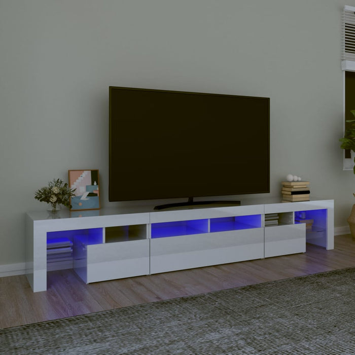 Comodă TV cu lumini LED, alb extralucios, 230x36,5x40cm