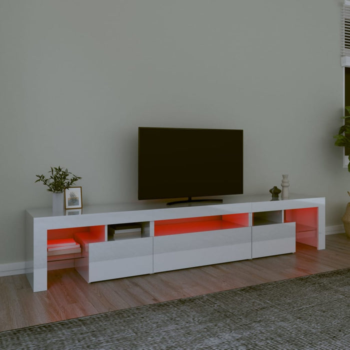 Comodă TV cu lumini LED, alb extralucios, 215x36,5x40cm