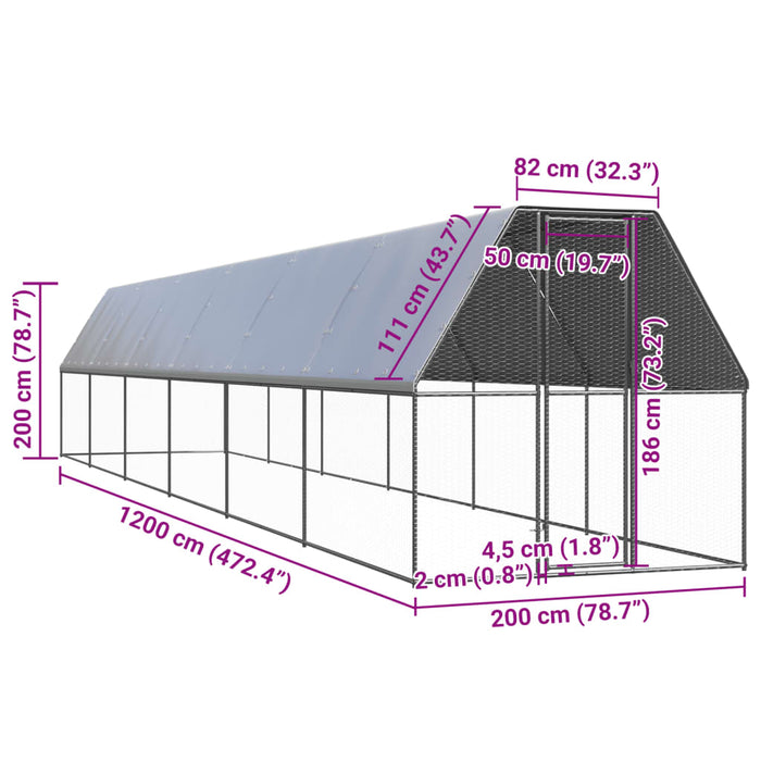 Coteț de păsări pentru exterior, 2x12x2 m, oțel galvanizat