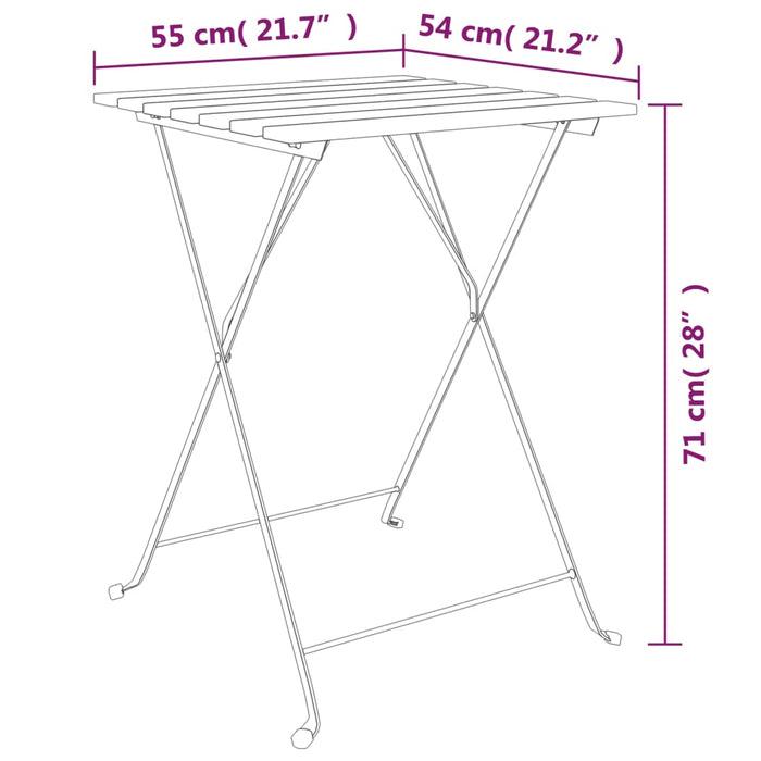 Set mobilier de bistro pliabil, 3 piese, lemn masiv tec și oțel