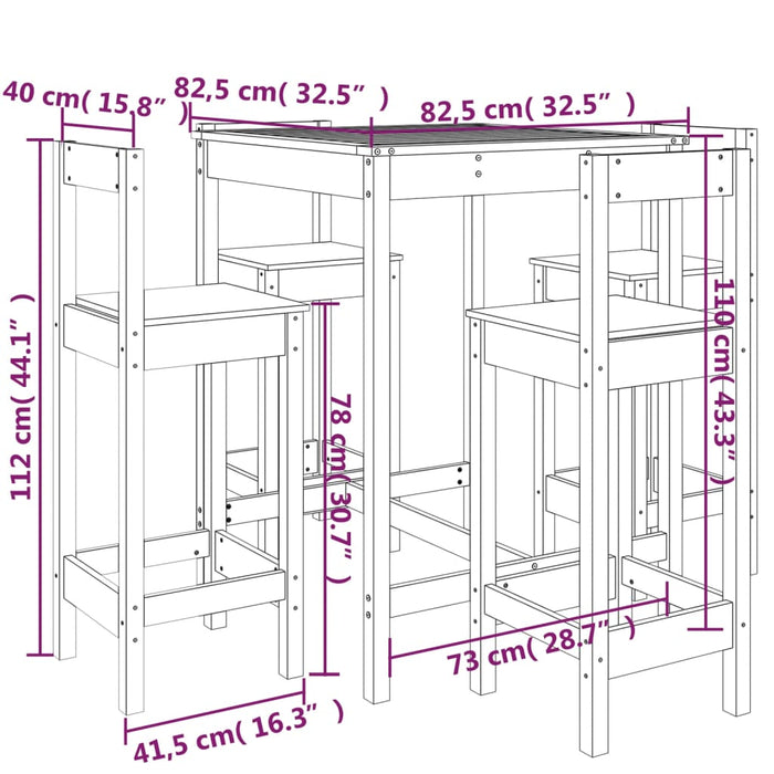 Set mobilier de bar pentru grădină, 5 piese,alb, lemn masiv pin