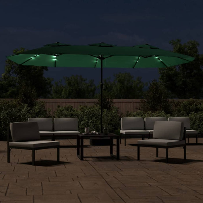 Umbrelă de soare cu două capete cu LED-uri, verde, 449x245 cm