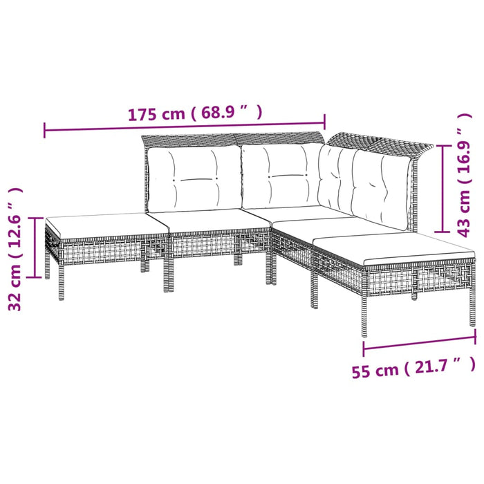 Set mobilier de grădină cu perne, 5 piese, gri, poliratan