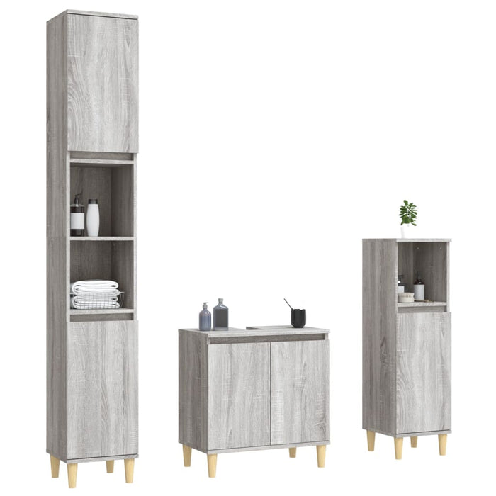 Set mobilier de baie, 3 piese, gri sonoma, lemn prelucrat