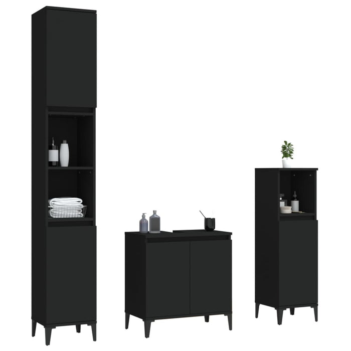 Set mobilier de baie, 3 piese, negru, lemn compozit