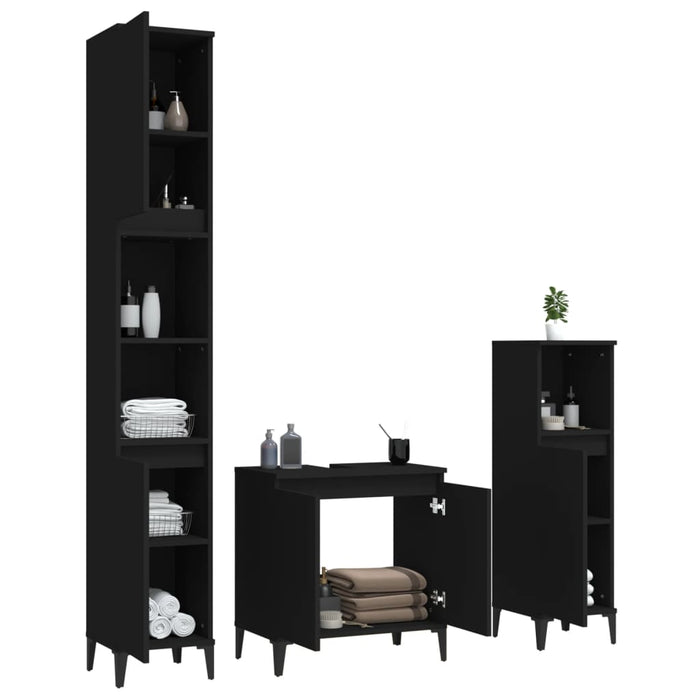 Set mobilier de baie, 3 piese, negru, lemn compozit