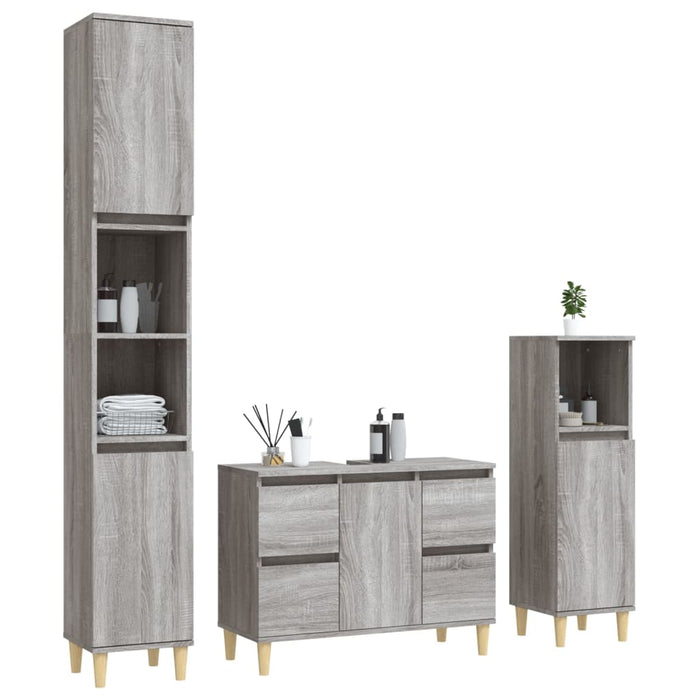 Set mobilier de baie, 3 piese, gri sonoma, lemn prelucrat