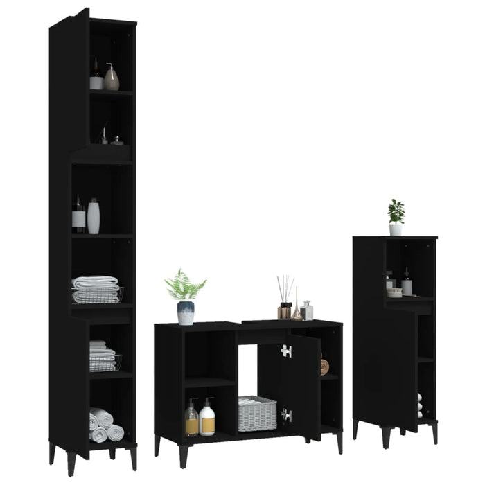 Set mobilier de baie, 3 piese, negru, lemn compozit