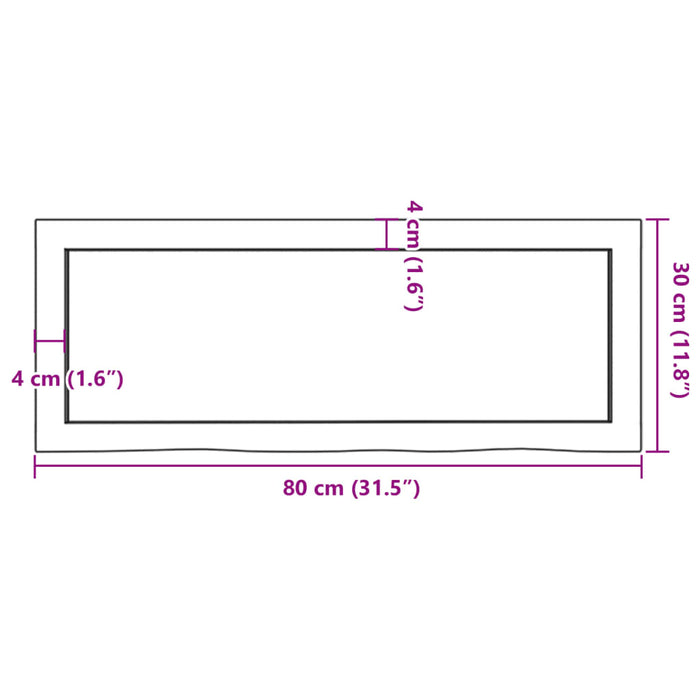 Blat de baie, 80x30x(2-6) cm, lemn masiv netratat