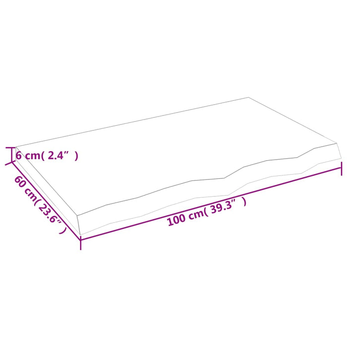 Blat de baie, 100x60x(2-6) cm, lemn masiv netratat