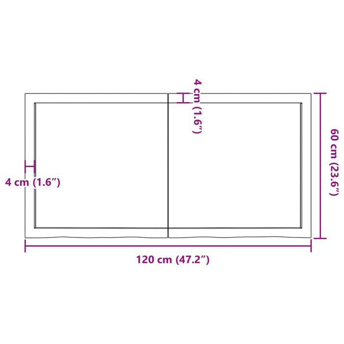 Blat de baie, 120x60x(2-6) cm, lemn masiv netratat