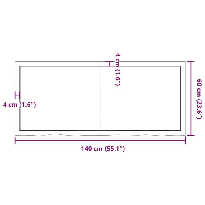 Blat de baie, 140x60x(2-6) cm, lemn masiv netratat