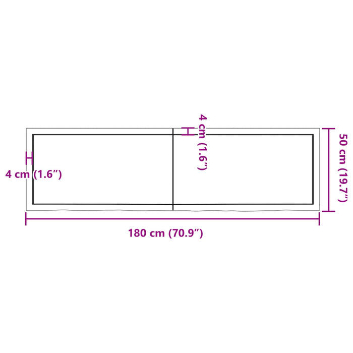 Blat de baie, 180x50x(2-6) cm, lemn masiv netratat