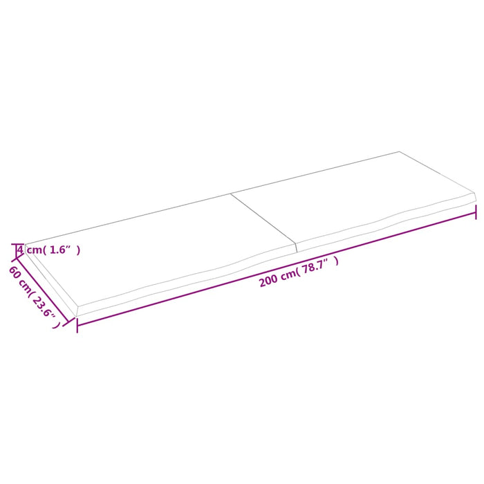 Blat de baie, 200x60x(2-4) cm, lemn masiv netratat