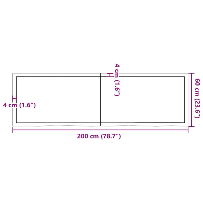 Blat de baie, 200x60x(2-4) cm, lemn masiv netratat