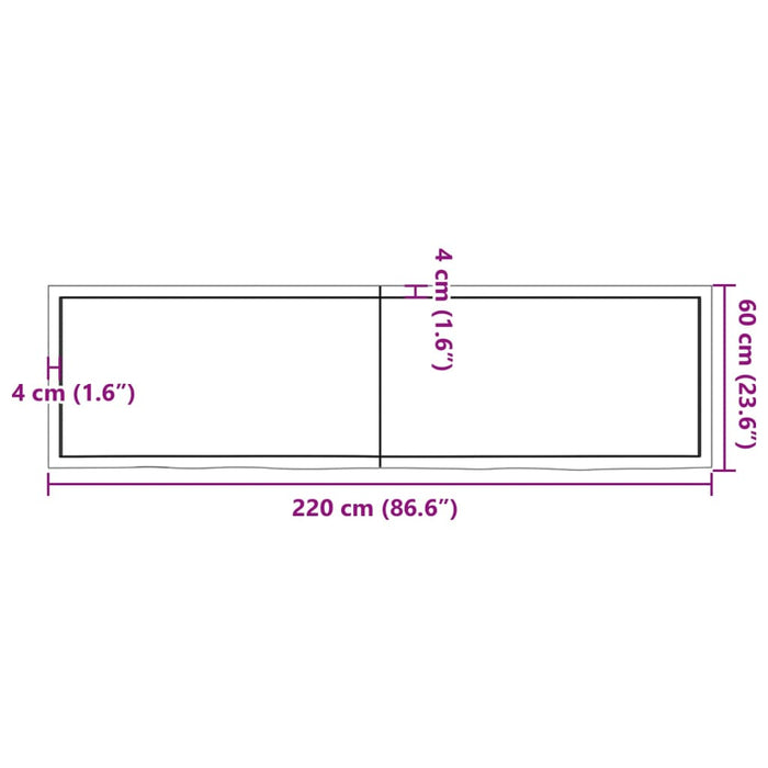 Blat de masă, 220x60x(2-4) cm, lemn masiv de stejar netratat