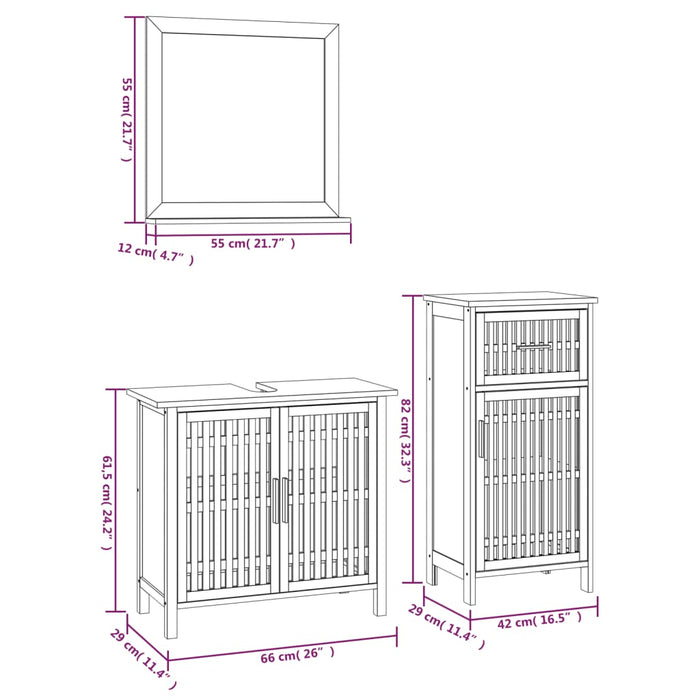 Set mobilier de baie, 3 piese, lemn masiv de nuc