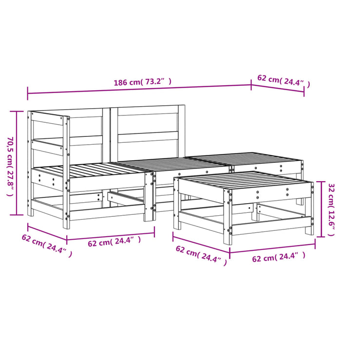 Set mobilier relaxare de grădină, 4 piese, gri, lemn masiv pin