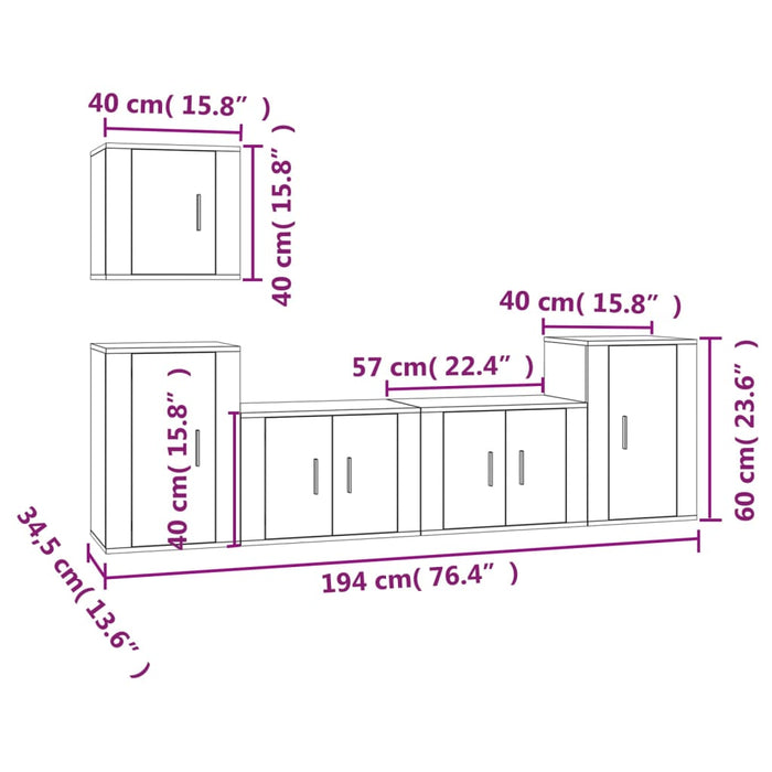 Set dulap TV, 5 piese, alb extralucios, lemn prelucrat