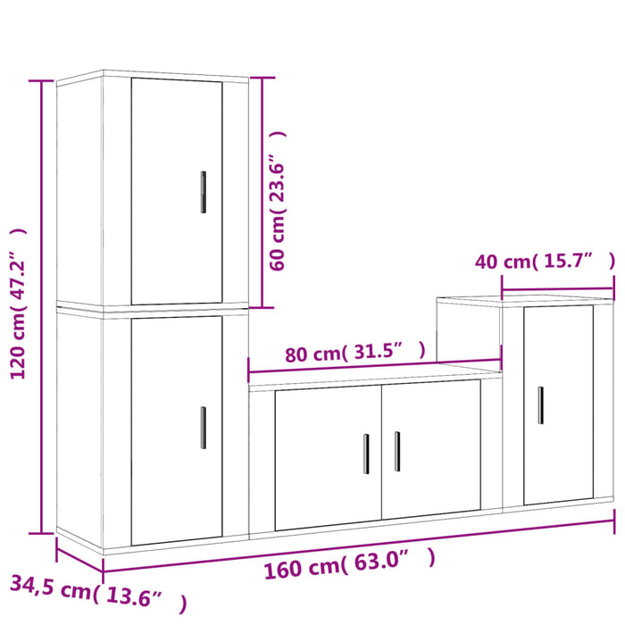 Set dulap TV, 4 piese, gri beton, lemn prelucrat