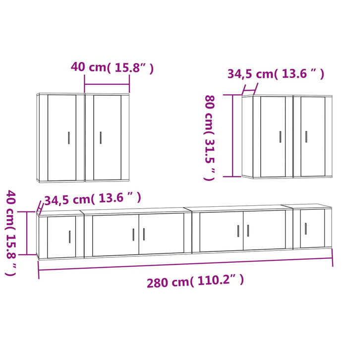 Set dulap TV, 8 piese, alb extralucios, lemn prelucrat