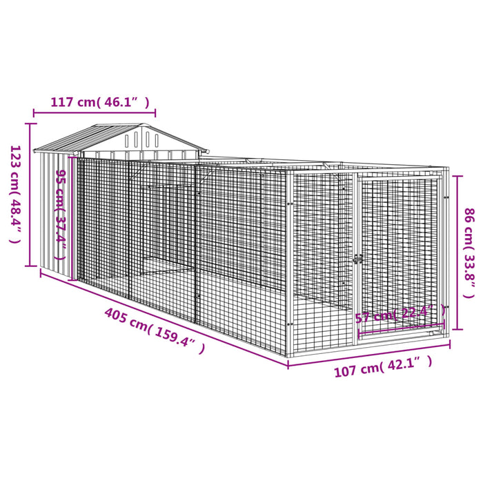 Casă câine & acoperiș gri deschis 117x405x123cm oțel galvanizat