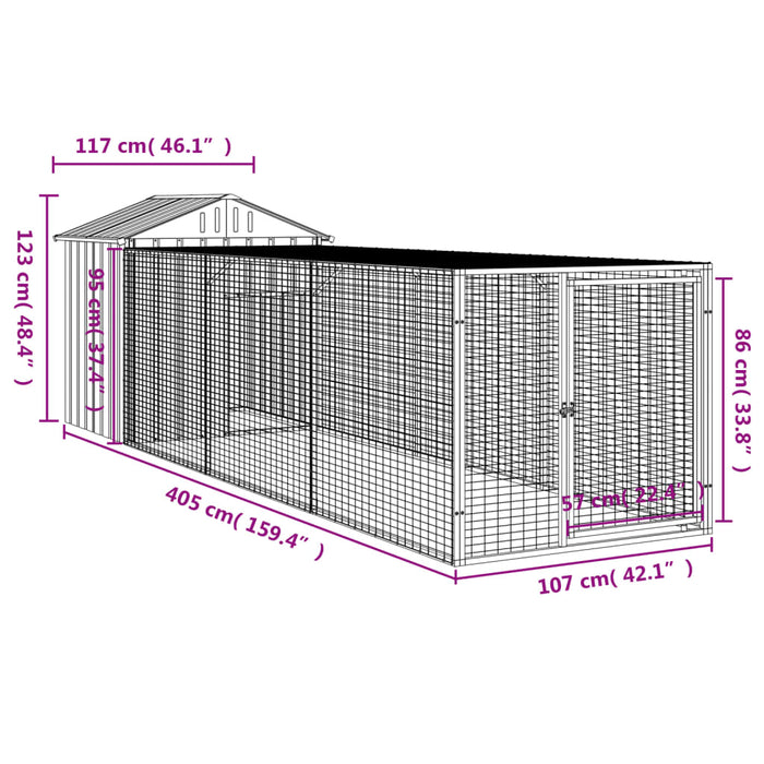 Coteț de pui cu țarc antracit 117x405x123 cm oțel galvanizat