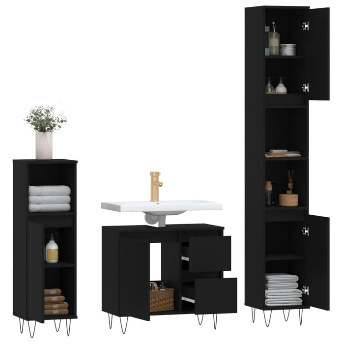 Set mobilier de baie, 3 piese, negru, lemn compozit