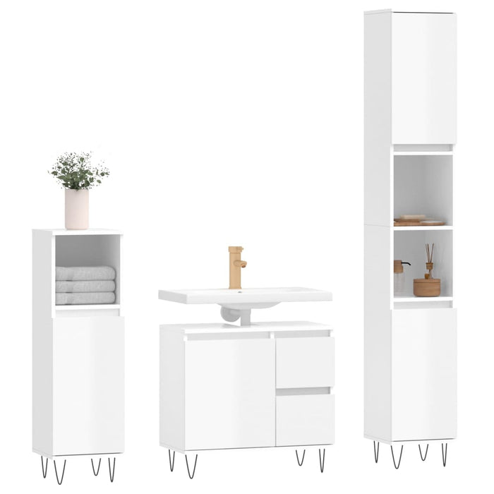 Set mobilier de baie, 3 piese, alb extralucios, lemn compozit