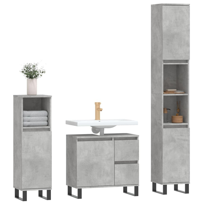 Set mobilier de baie, 3 piese, gri beton, lemn compozit