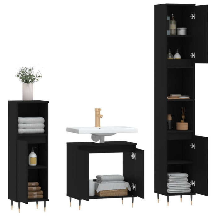 Set mobilier de baie, 3 piese, negru, lemn compozit