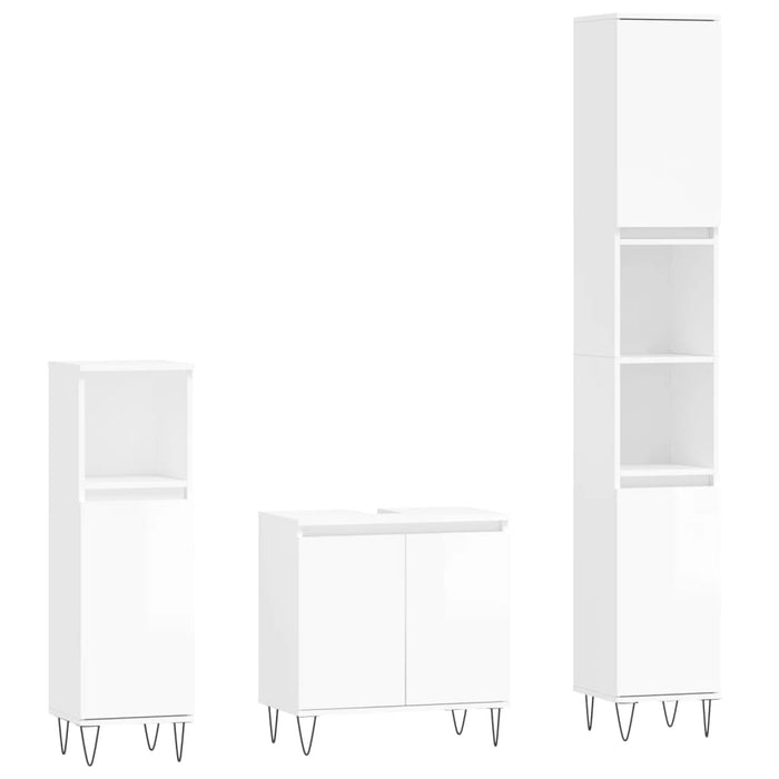 Set mobilier de baie, 3 piese, alb extralucios, lemn compozit