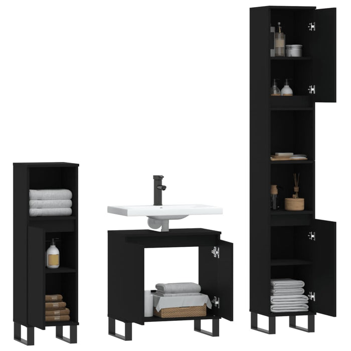 Set mobilier de baie, 3 piese, negru, lemn compozit