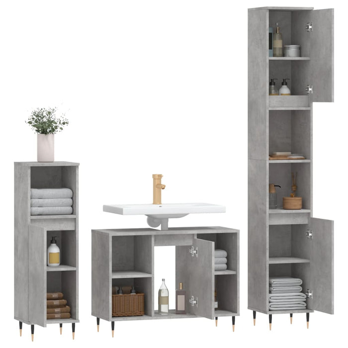 Set mobilier de baie, 3 piese, gri beton, lemn compozit