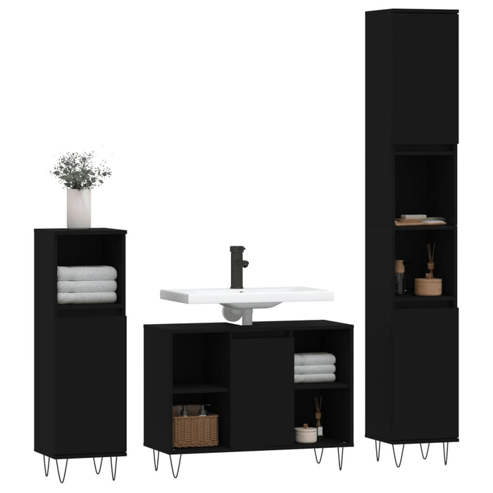 Set mobilier de baie, 3 piese, negru, lemn compozit