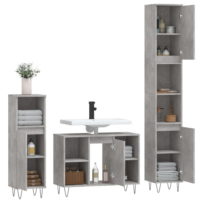 Set mobilier de baie, 3 piese, gri beton, lemn compozit