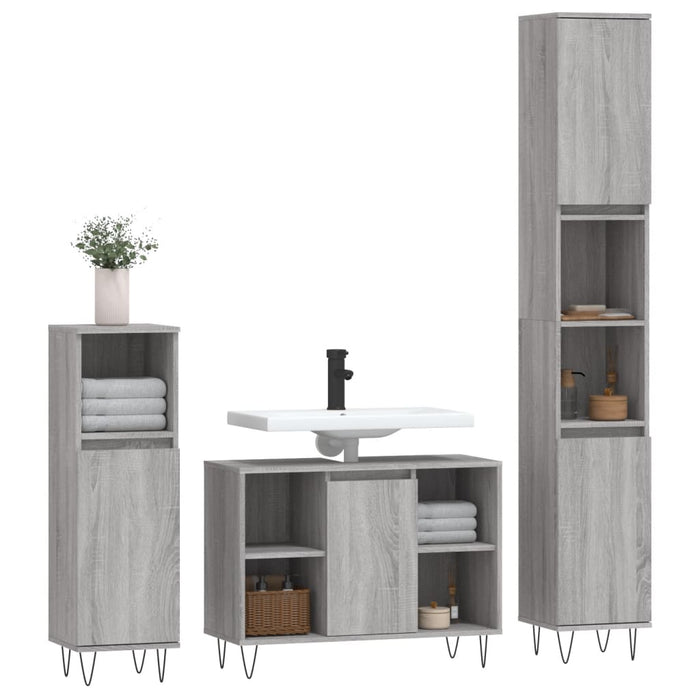 Set mobilier de baie, 3 piese, gri sonoma, lemn prelucrat