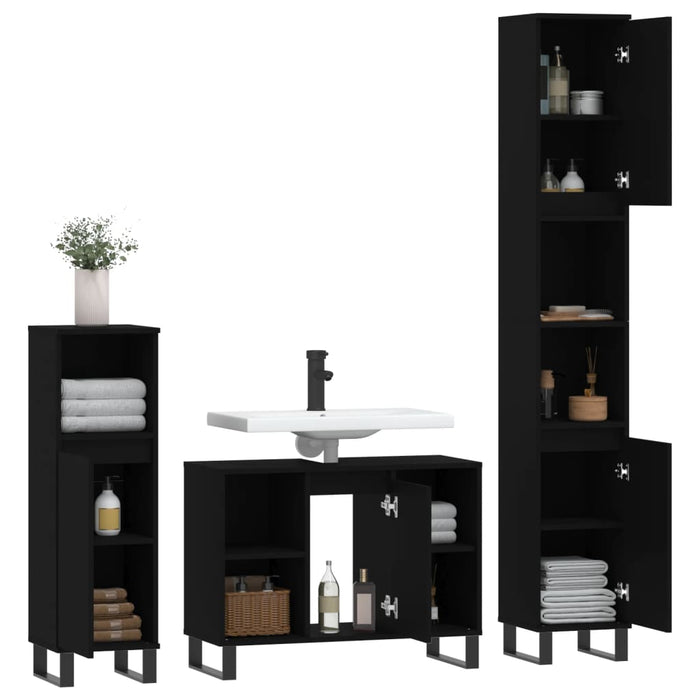 Set mobilier de baie, 3 piese, negru, lemn compozit