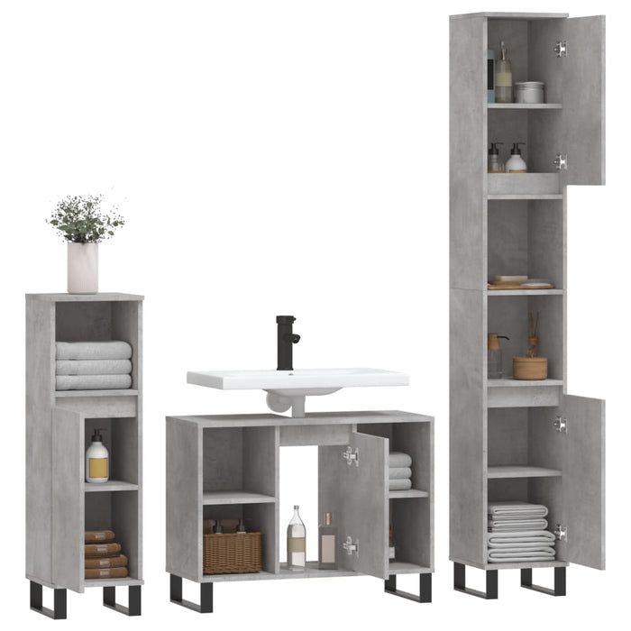 Set mobilier de baie, 3 piese, gri beton, lemn compozit