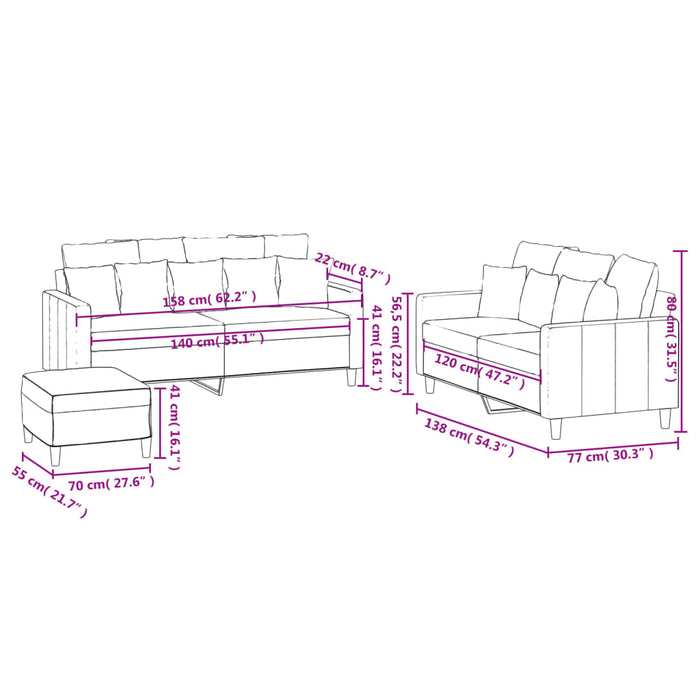 Set de canapele cu perne, 3 piese, roz, catifea